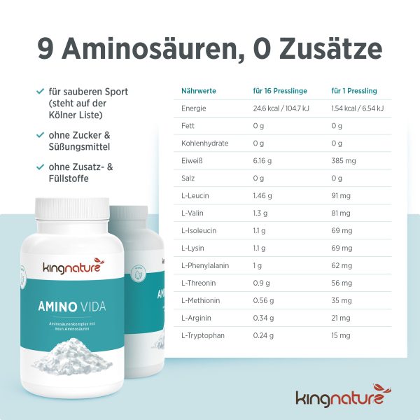 kingnature_amino-vida_produktbild-6 Links sind zwei Flaschen „Amino Vida“ von kingnature abgebildet; über einer Nährwerttabelle mit Angaben zu 16 bzw. 1 Kapsel sind die Produktvorteile aufgeführt, wobei „9 Aminosäuren, 0 Zusätze“ als Überschrift hervorgehoben ist. Das kingnature-Logo befindet sich unten auf der Seite.