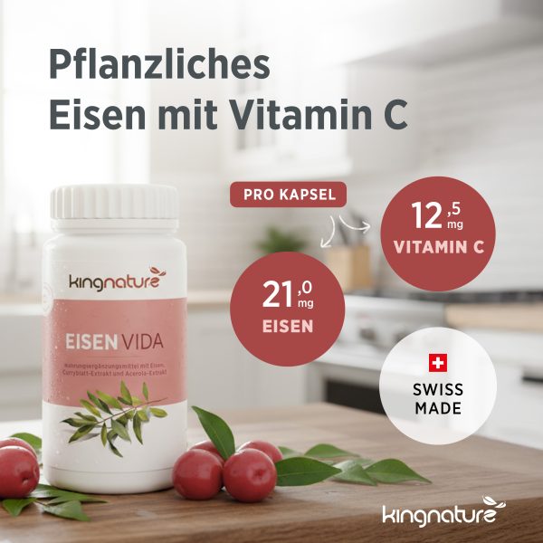 kingnature_eisen-vida_listing-2-1 Eine Flasche Eisen Vida steht zusammen mit Blättern und Beeren auf einer Küchenarbeitsplatte. Text-Highlights: Pflanzliches Eisen mit Vitamin C, 21,0 mg Eisen, 12,5 mg Vitamin C, Swiss Made. Jetzt Eisen Vida kaufen und natürliche Energie genießen!.