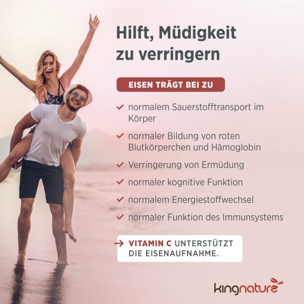 kingnature_eisen-vida_listing-4 Ein lachendes Paar am Strand; der Mann trägt eine Frau auf dem Rücken. Text: „Eisen Vida kaufen – hilft, Müdigkeit zu verringern und bietet gesundheitliche Vorteile.“ Darunter: „Vitamin C fördert die Eisenaufnahme.“.