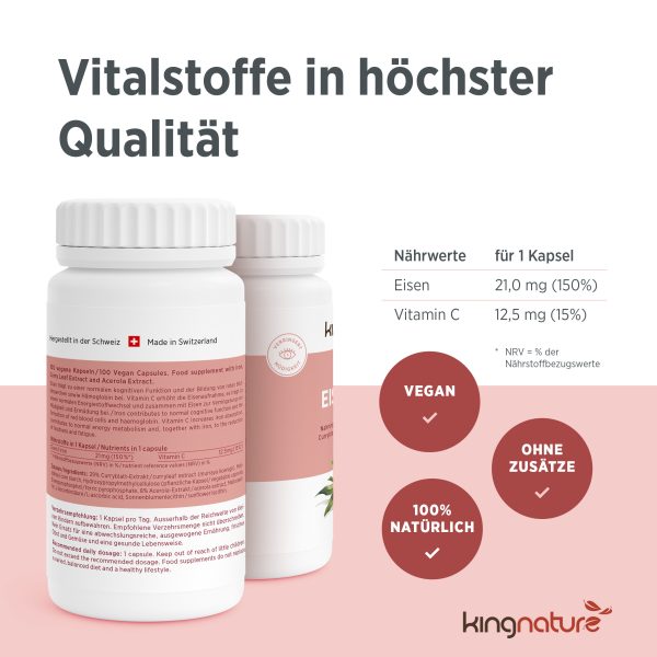 kingnature_eisen-vida_listing-6 Abgebildet ist eine Eisen Vida-Nahrungsergänzungsflasche mit deutschem Etikett. Jede vegane Kapsel liefert hochwertiges Eisen und Vitamin C, ist zu 100 % natürlich und frei von Zusatzstoffen. Jetzt Eisen Vida kaufen – das kingnature-Logo ist unten zu sehen.