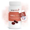 Eine weiße Flasche mit weißem Verschluss und der Aufschrift „Krill Vida“, die Krillöl-Kapseln enthält. Mit einem roten Etikett mit der Aufschrift „120 Kapseln“ und „DOKUMENTIERT OMEGA-3-GEHALT“. Perfekt, um hochwertige Omega-3-Fettsäuren zu kaufen.