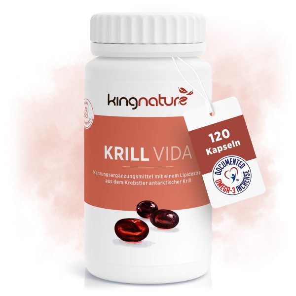 Eine weiße Flasche mit weißem Verschluss und der Aufschrift „Krill Vida“, die Krillöl-Kapseln enthält. Mit einem roten Etikett mit der Aufschrift „120 Kapseln“ und „DOKUMENTIERT OMEGA-3-GEHALT“. Perfekt, um hochwertige Omega-3-Fettsäuren zu kaufen.