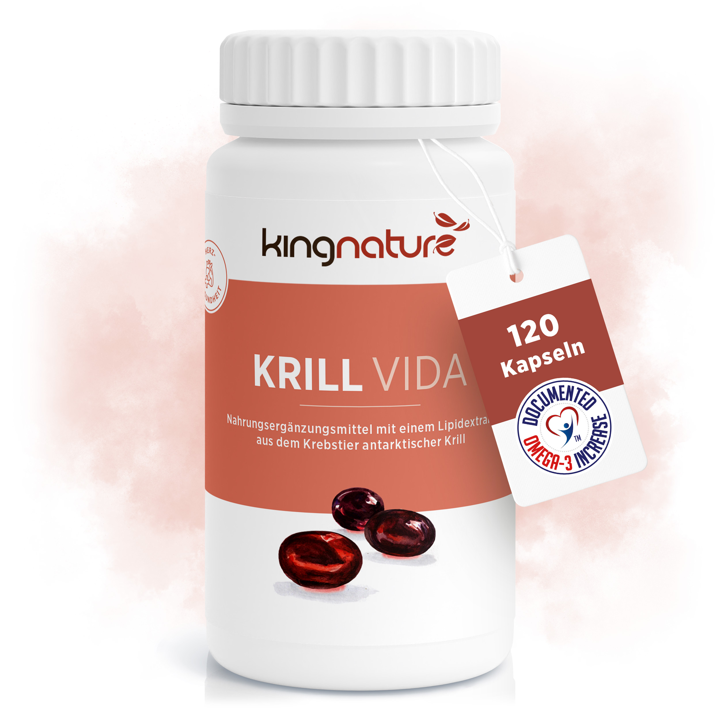 Eine weiße Flasche mit weißem Verschluss und der Aufschrift „Krill Vida“, die Krillöl-Kapseln enthält. Mit einem roten Etikett mit der Aufschrift „120 Kapseln“ und „DOKUMENTIERT OMEGA-3-GEHALT“. Perfekt, um hochwertige Omega-3-Fettsäuren zu kaufen.