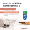 Infografik zu Krill Vida: Zeigt den nachhaltigen Fang von Antarktischem Krill mit MSC-Öko-Siegel, ein Boot und Bilder von Krill. Hebt zertifizierte Beschaffung, Rückverfolgbarkeit und schonende Verarbeitung hervor – ideal für alle, die Omega-3-Fettsäuren kaufen möchten.