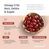 Eine Schale mit roten Krill-Öl-Kapseln der Marke „Krill Vida“ ist abgebildet. Der Text hebt die Vorteile von Omega-3-Fettsäuren für Herz, Gehirn und Augen hervor – darunter DHA, EPA, Cholin und Astaxanthin. Darunter ist das kingnature-Logo auf beigem Hintergrund mit Symbolen zu sehen.