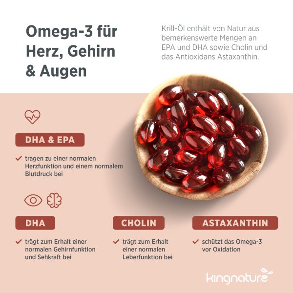 Eine Schale mit roten Krill-Öl-Kapseln der Marke „Krill Vida“ ist abgebildet. Der Text hebt die Vorteile von Omega-3-Fettsäuren für Herz, Gehirn und Augen hervor – darunter DHA, EPA, Cholin und Astaxanthin. Darunter ist das kingnature-Logo auf beigem Hintergrund mit Symbolen zu sehen.