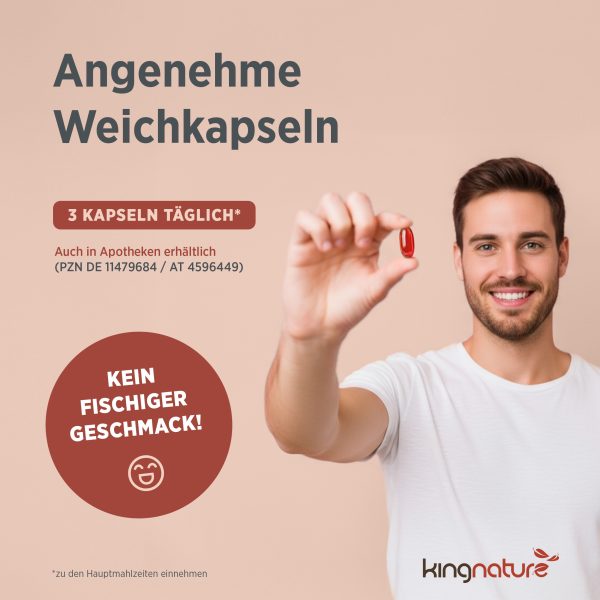 Ein lächelnder Mann hält eine rote Krill Vida-Weichkapsel in der Hand. Text: „Angenehme Weichkapseln“, „3 Kapseln täglich“, „Kein fischiger Geschmack!“ – die ideale Art, Omega-3-Fettsäuren zu genießen. Das kingnature-Logo ist zu sehen.