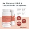 Abgebildet sind zwei Flaschen Krill Vida, auf denen der Gehalt an Omega-3-Fettsäuren und Cholin pro Portion (3 Kapseln) hervorgehoben ist. Das Produkt ist ideal für alle, die Omega-3-Fettsäuren kaufen möchten, und liefert wichtige Nährstoffe für Ihre Gesundheit.