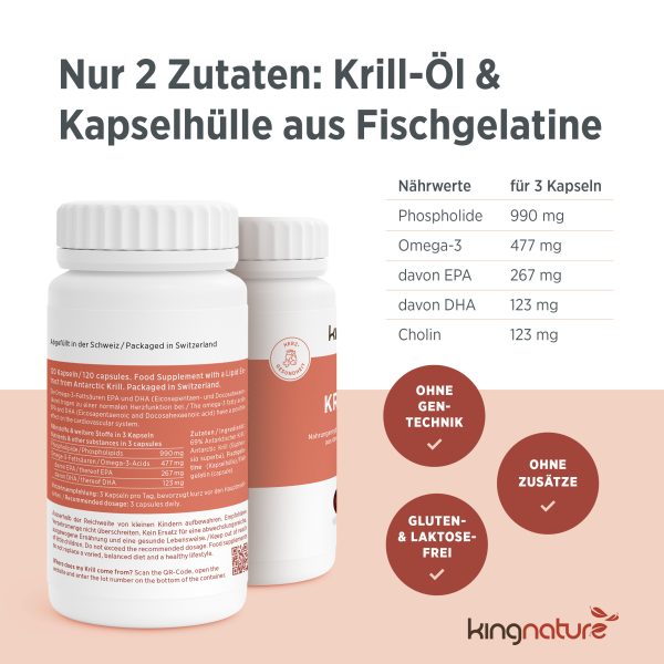 Abgebildet sind zwei Flaschen Krill Vida, auf denen der Gehalt an Omega-3-Fettsäuren und Cholin pro Portion (3 Kapseln) hervorgehoben ist. Das Produkt ist ideal für alle, die Omega-3-Fettsäuren kaufen möchten, und liefert wichtige Nährstoffe für Ihre Gesundheit.