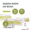 kingnature_nadh-vida_listing-2 Abgebildet ist eine Packung NADH Vida-Tabletten mit der Aufschrift „Stabiles NADH mit Biotin“, 20 mg NADH, 20 µg Biotin pro Tablette, 30 Tabletten pro Packung, Swiss Made. Auf der weiß-grünen Verpackung ist der Produktname deutlich hervorgehoben.