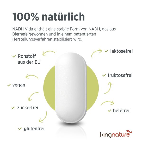 kingnature_nadh-vida_listing-3 Grafik mit einer weißen Tablette in der Mitte, umgeben von Text zu NADH Vida: 100 % natürlich, aus der EU, vegan, zuckerfrei, glutenfrei, laktosefrei, fruktosefrei und hefefrei.