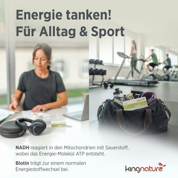 kingnature_nadh-vida_listing-4 Eine Frau arbeitet an ihrem Laptop, auf dem Tisch liegen NADH Vida, Kopfhörer und Obst. Daneben, in einem Fitnessstudio, trainieren Menschen, während eine Sporttasche mit NADH Vida zu sehen ist. Der Text hebt die Vorteile von NADH Vida in Bezug auf Energie und Biotin-Unterstützung hervor.