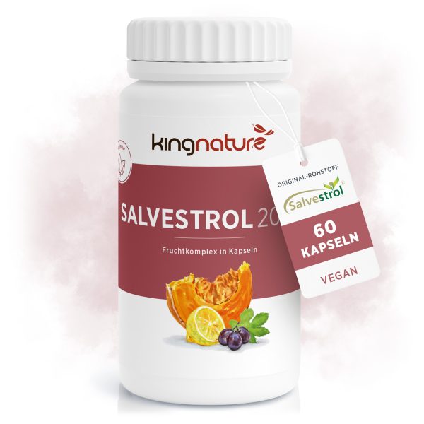 kingnature_salvestrol-2000_listing-1-1 Auf einer weißen Flasche mit der Aufschrift „Salvestrol 2000“ sind Bilder von Kürbis, Zitrone und Beeren abgebildet. Auf einem Etikett steht „Salvestrol, 60 Kapseln, vegan“. Der Hintergrund ist hell und hat einen zartrosa Farbton.