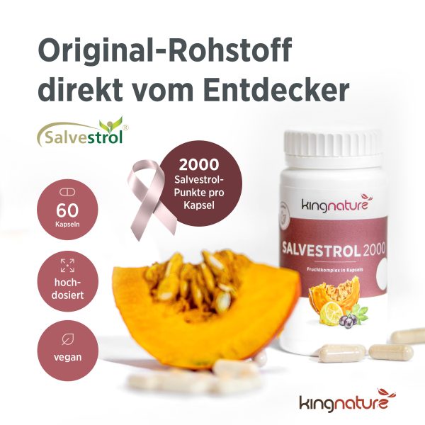 kingnature_salvestrol-2000_listing-2 Neben einem aufgeschnittenen Kürbis, drei Kapseln und einer rosa Schleife ist eine Flasche Salvestrol 2000 abgebildet. Im Text wird hervorgehoben: 60 vegane Kapseln, hochdosiert, jede mit 2000 Salvestrol-Punkten.