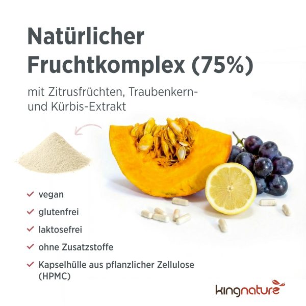 kingnature_salvestrol-2000_listing-3 Ein Pulverhaufen neben Kürbis, Zitrone, Trauben und Samen. Salvestrol 2000 enthält einen zu 75 % natürlichen Fruchtkomplex mit Extrakten aus Zitrusfrüchten, Traubenkernen und Kürbis – vegan sowie gluten- und laktosefrei.