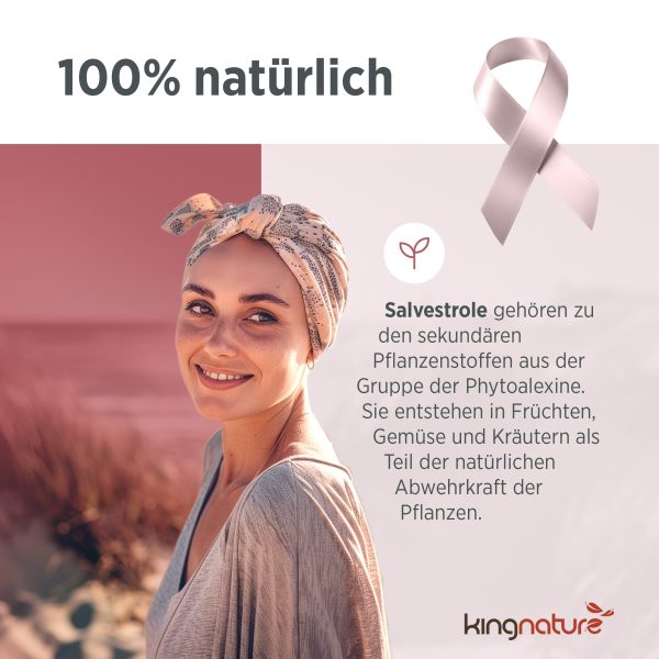 kingnature_salvestrol-2000_listing-4 Eine lächelnde Frau mit Kopftuch steht im sanften Sonnenlicht im Freien. Der Text hebt hervor, dass Salvestrol 2000 natürlichen Ursprungs ist und in Obst und Gemüse vorkommt. Außerdem sind eine rosa Schleife als Symbol für das Thema und das kingnature-Logo zu sehen.