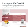 kingnature_salvestrol-2000_listing-6 Neben einer Flasche Salvestrol 2000 ist deren Etikett zu sehen, auf dem Abbildungen von Orangen, Passionsfrüchten und Heidelbeeren abgebildet sind. Der Text darüber weist darauf hin, dass die Qualität und Reinheit des Produkts durch Labortests bestätigt wurden.