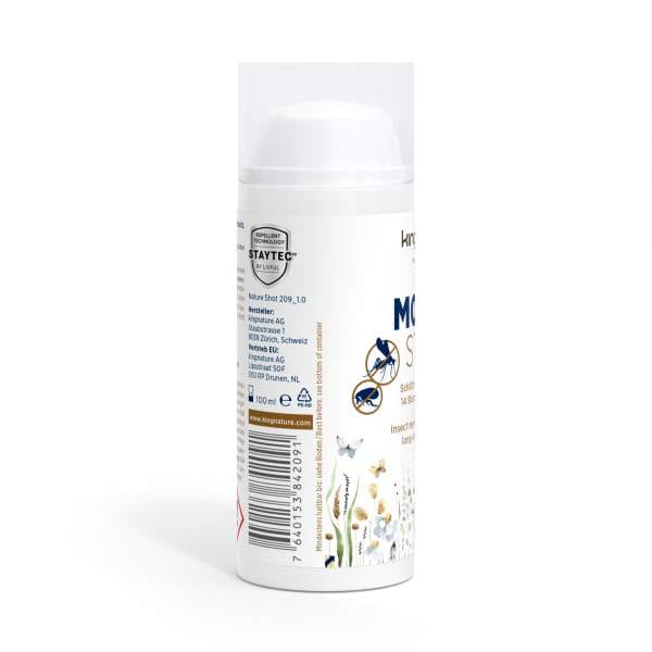 Eine 100 ml weiße MozzyStop Insektenschutz-Sprühflasche mit blau-goldenem Etikett mit Blumen-, Kräuter- und Insektensymbolen. Barcode und Produktdetails sind teilweise an der Seite angebracht.