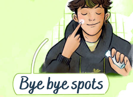 Eine lächelnde illustrierte Person cremt ihre Wange ein und hält eine Tube Clear Skin Gel in der Hand. Darunter steht der Text: Bye bye Pickel - Kne natürlich behandeln" auf einem hellgrünen Hintergrund.