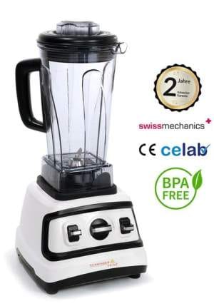 Der Schwingerprinz - Hochleistungsmixer in Weiß und Schwarz mit transparentem Krug wird neben den Logos „BPA-frei“, „CE“, „Celab“-Zertifizierung und einem goldenen 2-Jahres-Garantieabzeichen von Swiss Mechanics gezeigt.