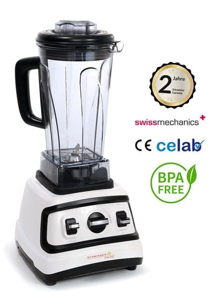 Der Schwingerprinz - Hochleistungsmixer in Weiß und Schwarz mit transparentem Krug wird neben den Logos „BPA-frei“, „CE“, „Celab“-Zertifizierung und einem goldenen 2-Jahres-Garantieabzeichen von Swiss Mechanics gezeigt.