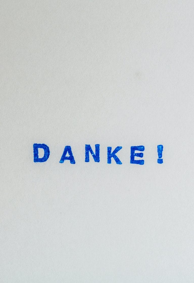 Das Wort DANKE! steht in fetten blauen Großbuchstaben auf schlichtem weißem Hintergrund und verkündet gute Nachrichten, inspiriert von kingnature.
